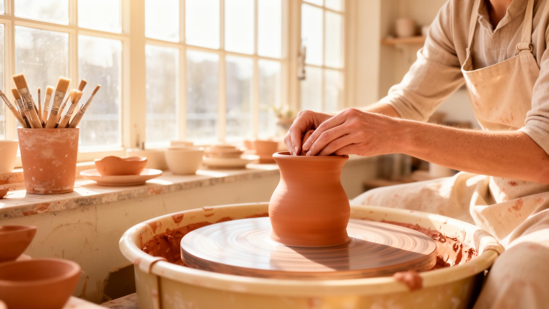 Artisan ceramicist shaping clay in an Amsterdam workshop