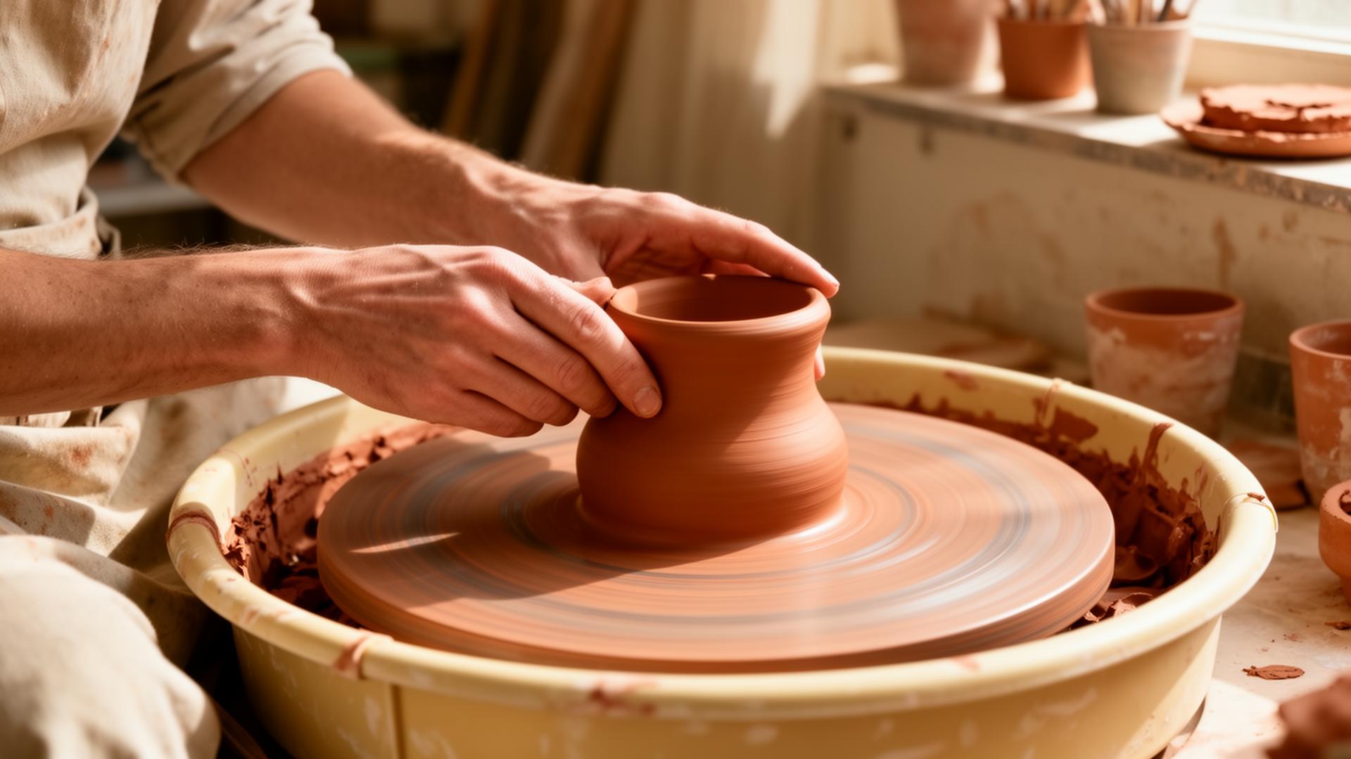 Artisan ceramicist shaping clay in an Amsterdam workshop